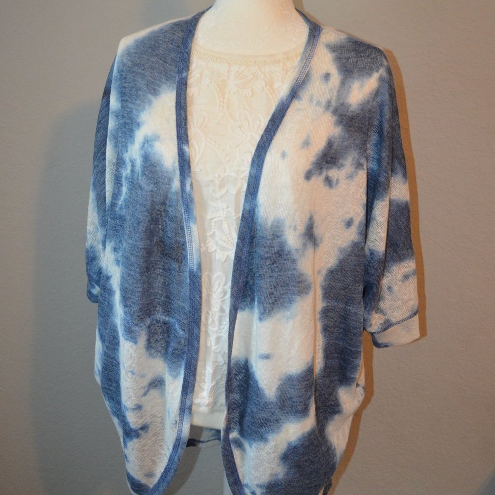 bobeau Navy and White Tie-Dye Open Cardigan